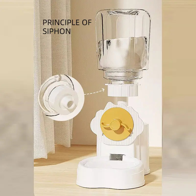 Hoopet wall mounted automatic pet feeder and water dispenser featuring a white plastic feeder with a clear glass water reservoir and yellow siphon mechanism.