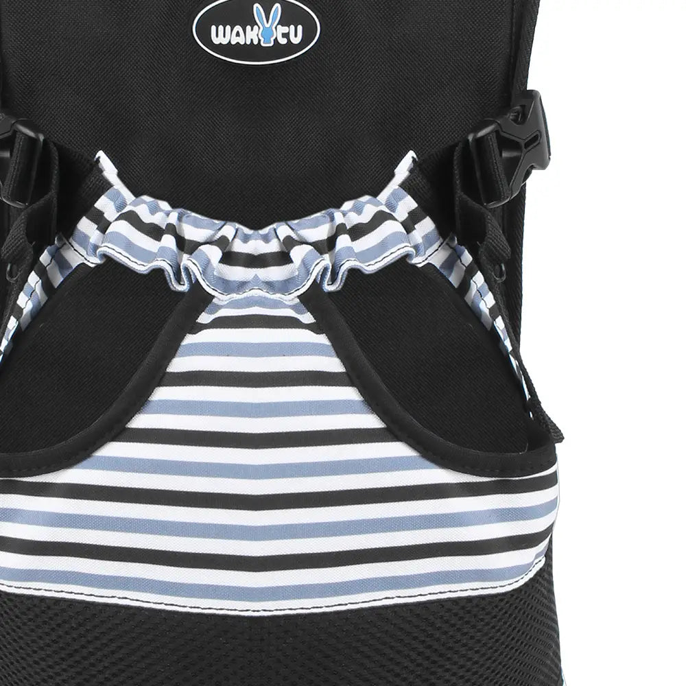 Mochila portamascotas para motocicleta con rayas negras y azules, con detalles de tela fruncida, diseñada para Suzuki V-Strom y compatible con los modelos Ducati Scrambler y Ducati Multistrada.