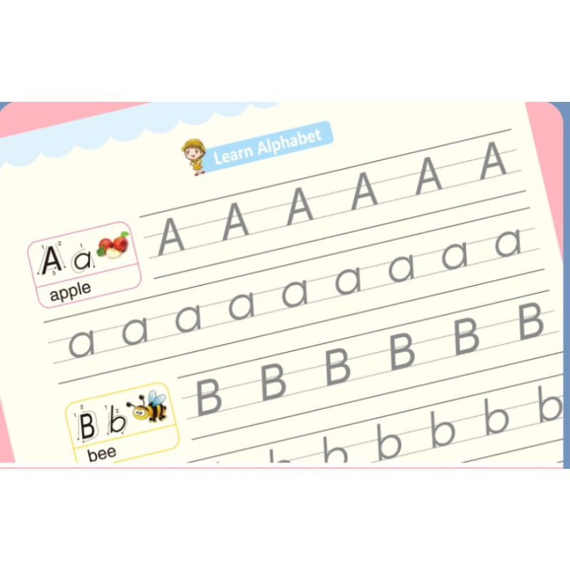 Ein Arbeitsblatt zum Nachspuren des Alphabets für Kinder aus dem Zauberübungsheft, das sich wiederverwenden lässt, für Kinder zum Schreiben, mit Groß- und Kleinbuchstaben sowie farbenfrohen Apfel- und Bienenillustrationen auf hellem Cremepapier.