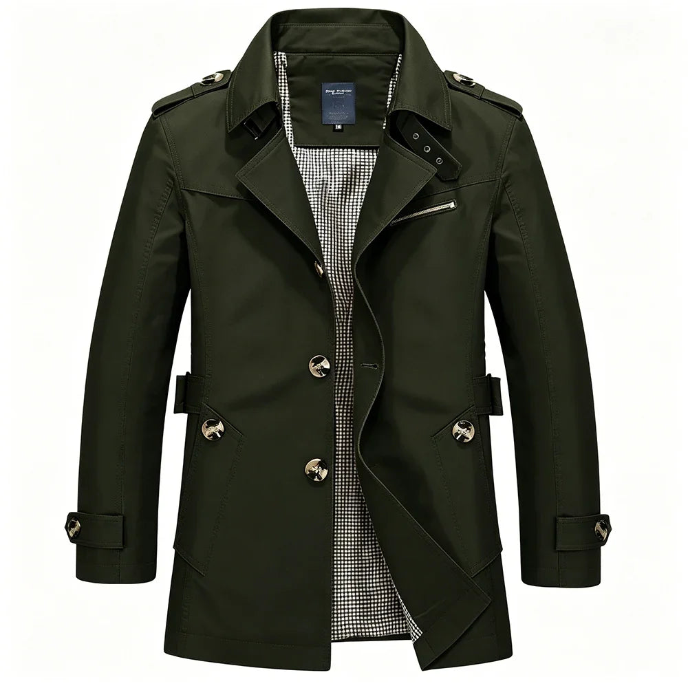 Men's Trench Coat Business Casual Lapel Windbreaker Mid Length Slim Fit Jacket Metal Button Overcoat Outdoor Commuter Outerwear