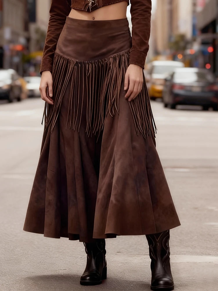 New Ethnic Elegant Solid Tassel Slim Fit Midi Skirt Brown Wide Hem Long Skirt Party Evening Dresses Versatile  Female Clothing