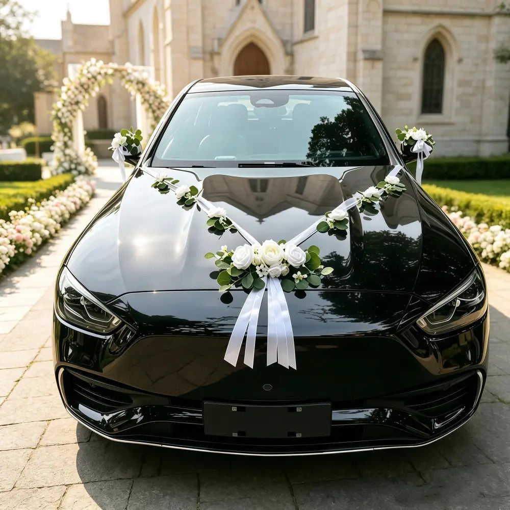 Berline noire brillante de mariage décorée de roses artificielles blanches et d’arrangements floraux d’eucalyptus, ainsi que de rubans provenant du kit de décoration de voiture de mariage.