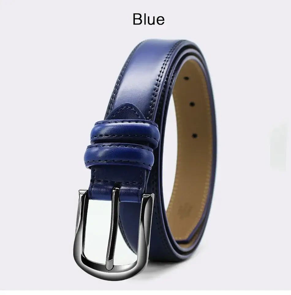 A genuine leather men reversible belt in sleek navy blue with a polished silver toned buckle.