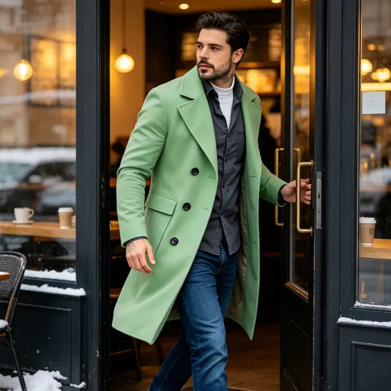 Un manteau long élégant en laine mélangée, coupe ajustée slim, vert menthe, à double boutonnage, avec des boutons noirs et un design classique.