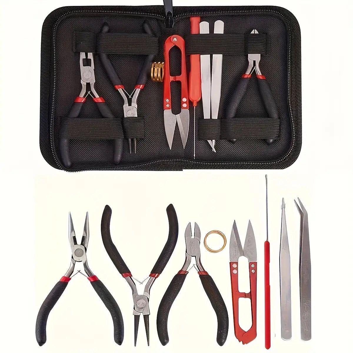 diy jewelry making tool set 8-piece kit featuring a black and red jeweler’s tool kit with stainless steel implements neatly organized in a zippered case.