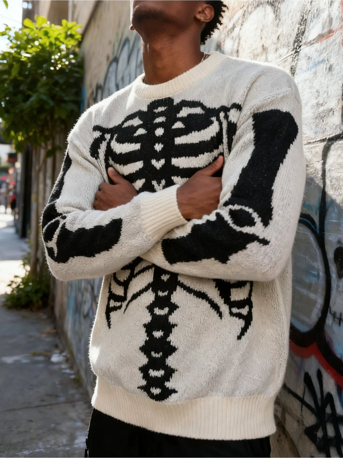 Men Crew Neck Knitted Sweater, Vintage Skeleton Ribcage Jacquard Loose Long Sleeve Gothic Streetwear Pullover Jumper