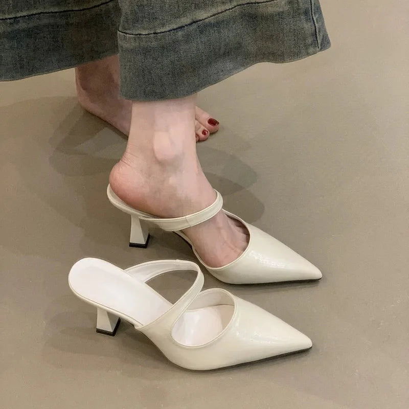 Women's Slippers and Ladies Sandals Leather Sexy Slides Black Shoes Pointed Toe Mules Korea Style Chic Elegant on Sale