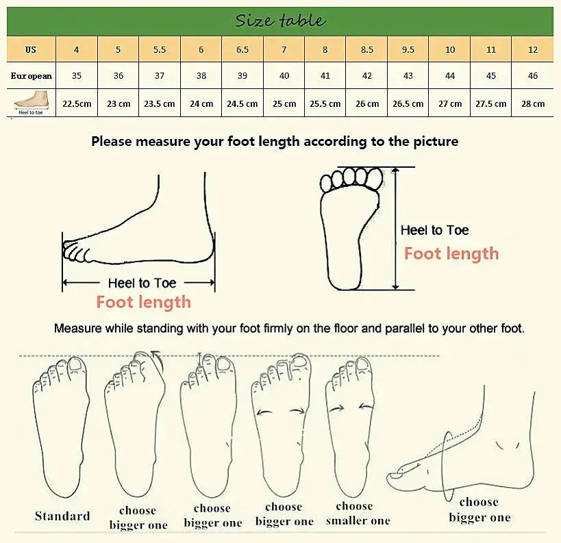 Guide des tailles pour chaussures de sport décontractées à enfiler pour hommes, respirantes pour la course, présentant les tailles américaines et européennes avec des schémas indiquant comment mesurer la longueur du pied, du talon aux orteils.
