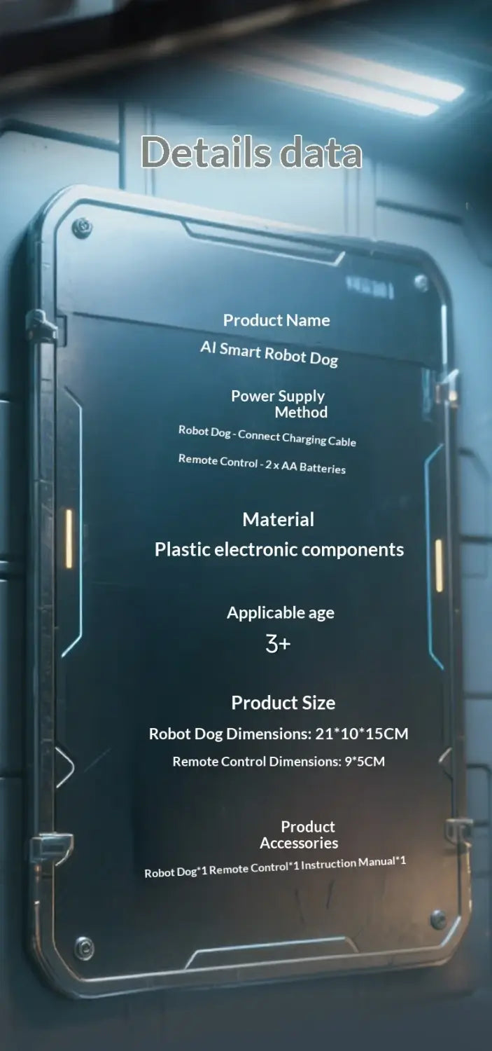 black plastic panel with silver metallic trim on the back side of an interactive robotic dog toy displaying product specifications for an ai smart robot dog with voice control.