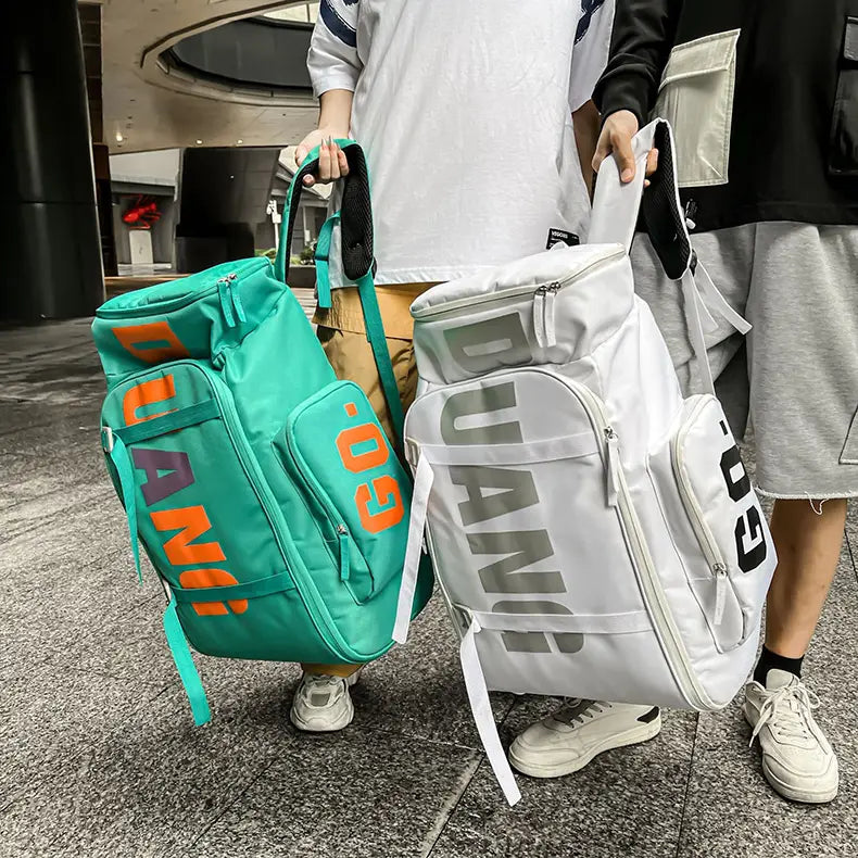 teal and white waterproof gym backpack and travel duffel bag with bold daniel lettering designed for versatile use