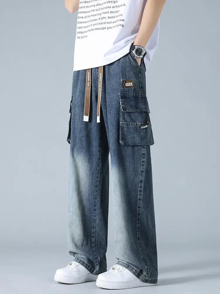Jean cargo en denim ample pour homme, grande taille, bleu, avec plusieurs poches et taille à cordon.
