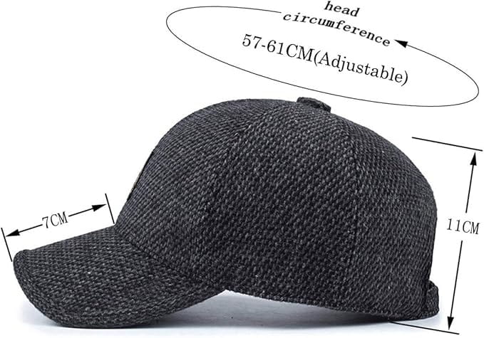 Dark gray textured men’s winter baseball cap with adjustable head circumference and built-in earmuffs for cold weather.