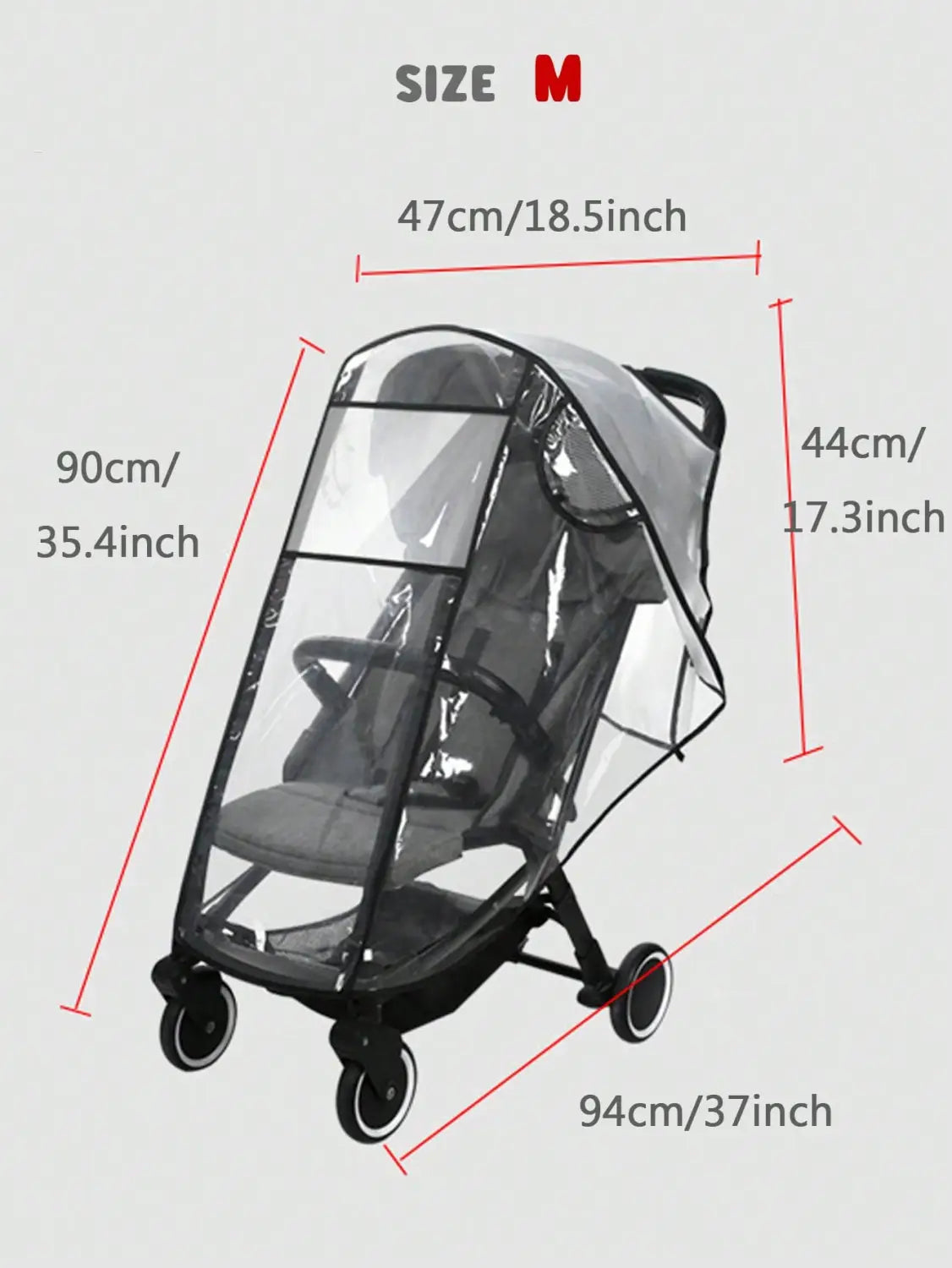 Universelle transparente Regenschutzabdeckung für Kinderwagen aus klarem Kunststoff mit schwarzem Besatz und verstärkten Nähten.