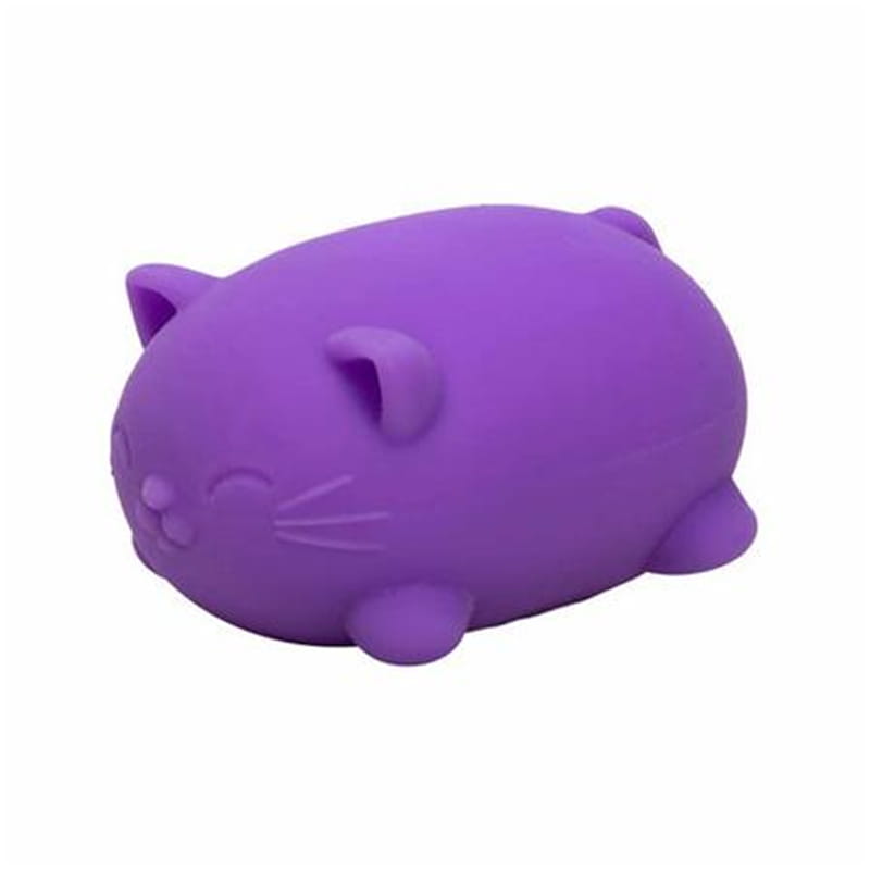 purple silicone cat-shaped sensory fidget stress ball with closed eyes and whiskers showing quick rebound in front view