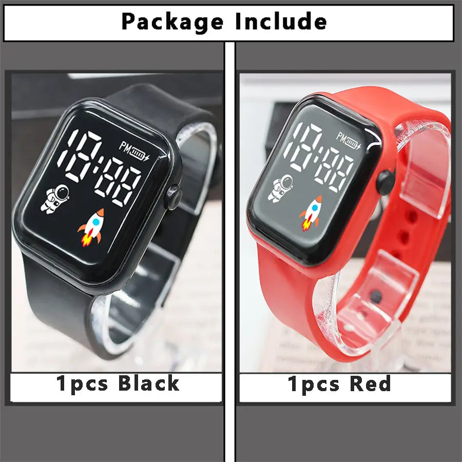 Montre électronique pour enfants de type sport numérique LED, avec bracelets rectangulaires en silicone noirs et rouges, présentant des icônes d’astronaute et de fusée à l’écran, pour garçons et filles.