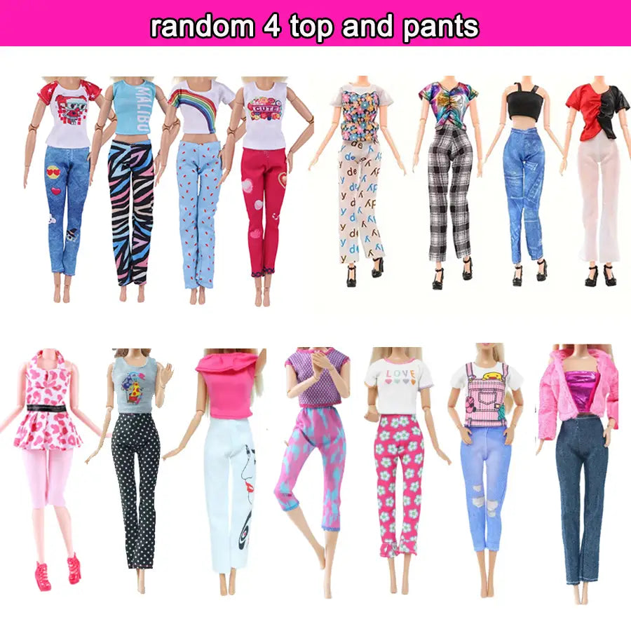 64ピースのドール服およびアクセサリーセットに含まれるバービー人形用の、カラフルな柄のトップスとパンツのコレクションです。布で作られています。