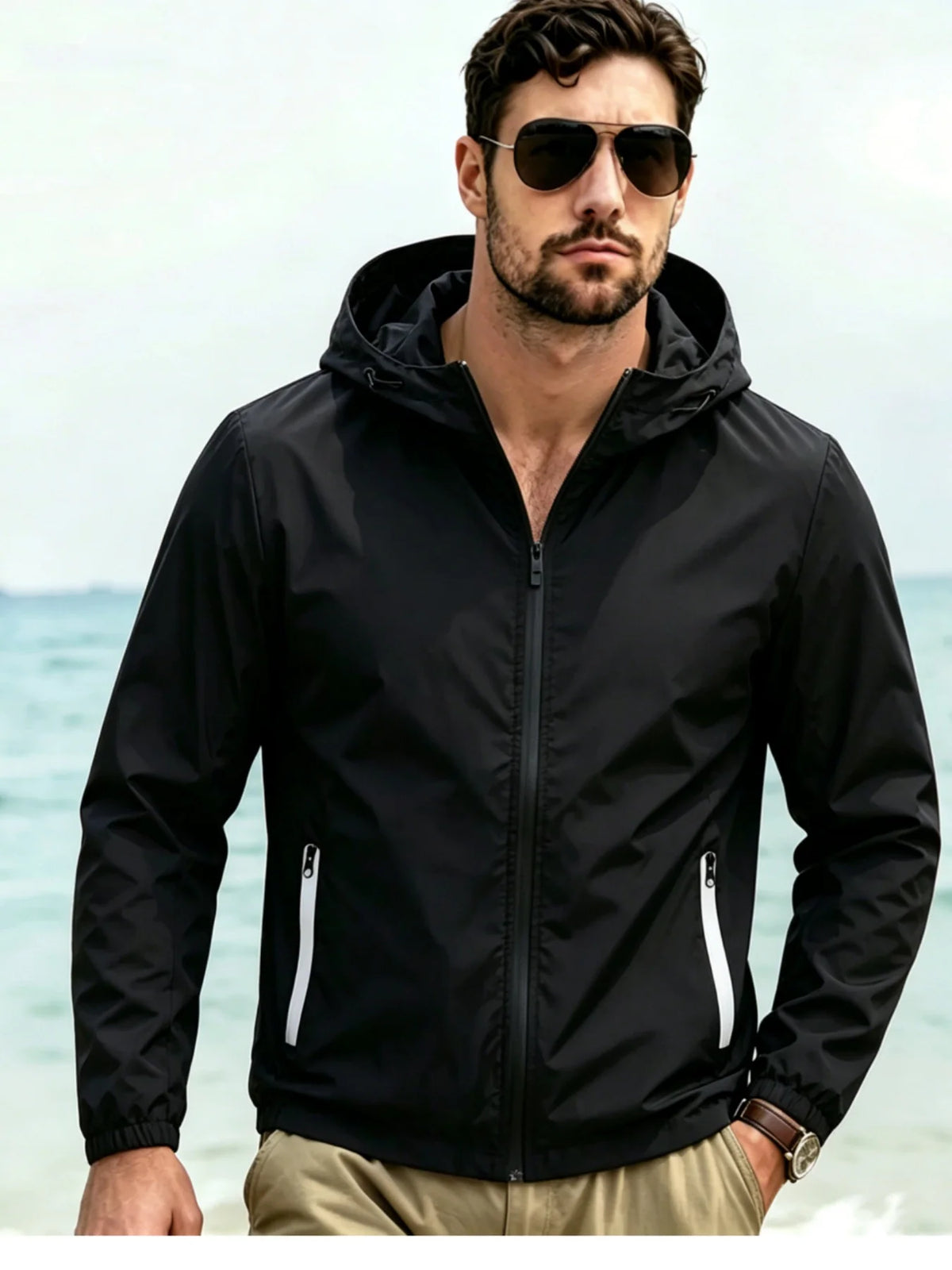Men's Hooded Windbreaker Jacket, Lightweight Full Zip Coat with Zipper Pockets for Daily, Outdoor & Travel