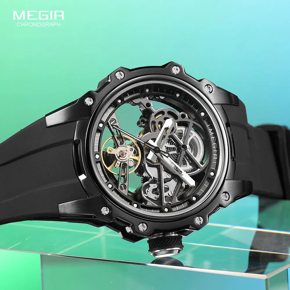 MEGIR Automatic Mechanical Sport Watch for Men Fashion Waterproof Luminous Wristwatch with Silicone Strap SKeleton Dial 2243