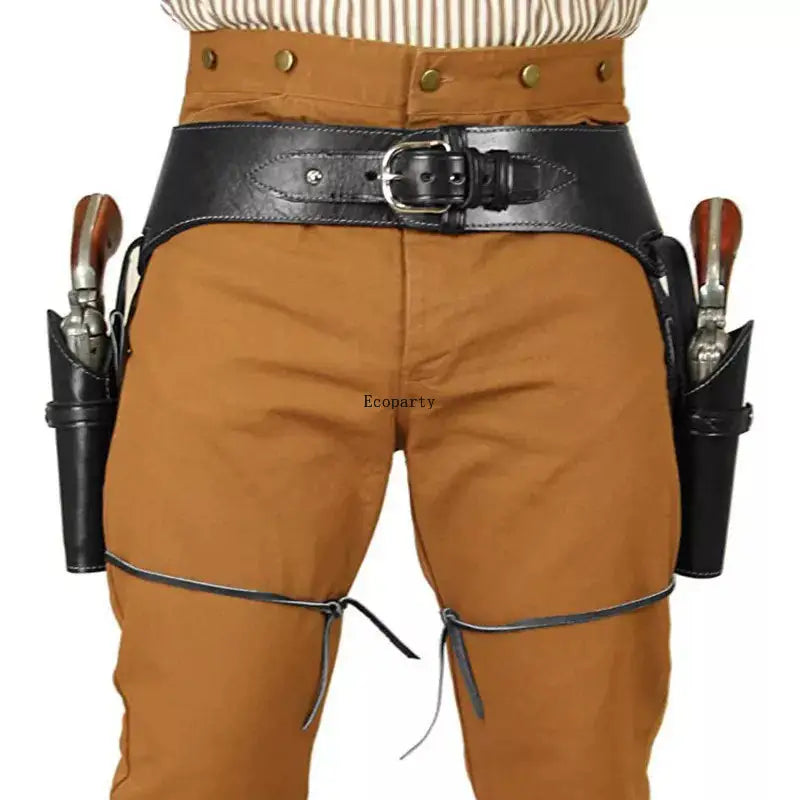 black leather renaissance cowboy double belt revolver holster with silver buckle brass buttons and two gun holsters designed for waistband renaissance cowboy use