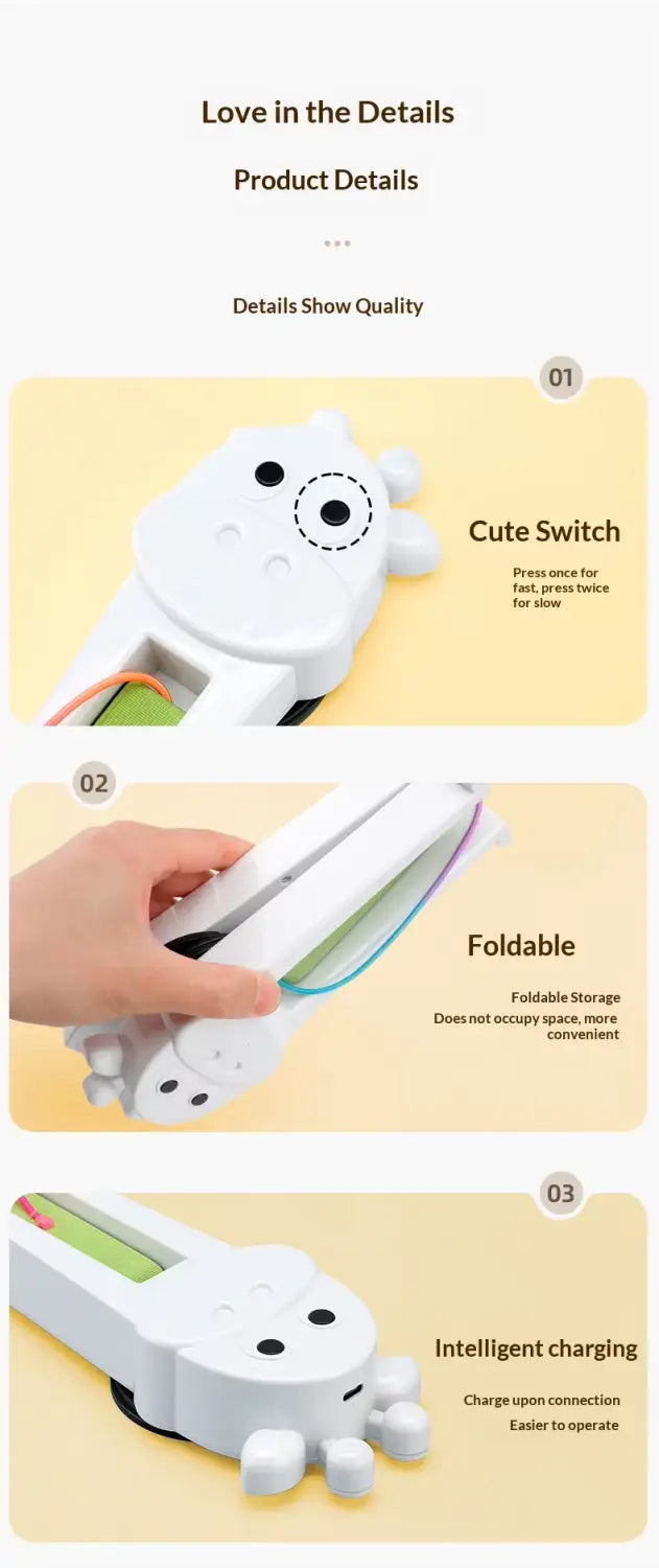 white plastic giraffe-shaped foldable charger with cute facial features and visible charging port for automatic interactive cat toy wall mounted giraffe.