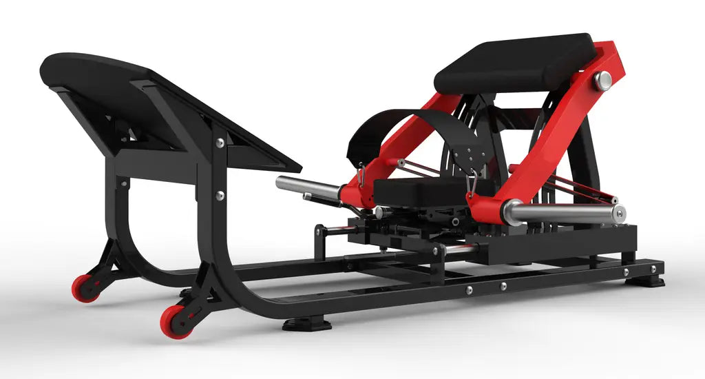 Red and black adjustable leg press machine with padded seating and foot platform part of 3-station multi-function home gym equipment.