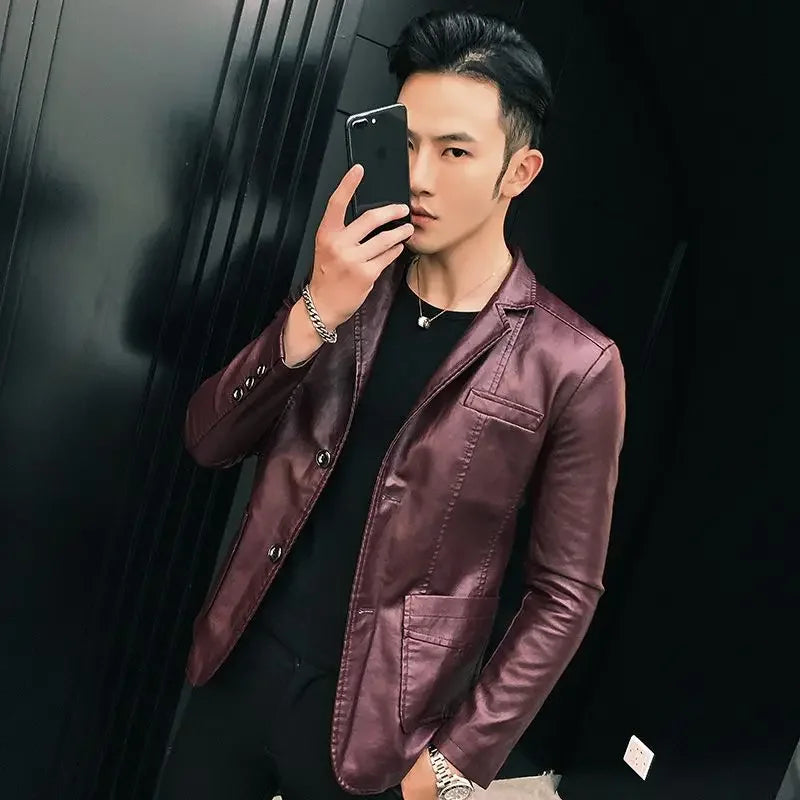 Leather Jacket for Men Thin Coats Slim Fit Spring Autumn Handsome Vintage Man Suits and Blazers Clothing Casual Clothes Original