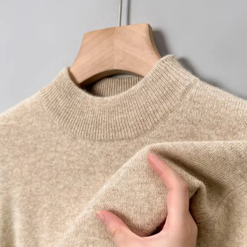 Beiger Strickpullover mit geripptem Rundhalsausschnitt und weicher, strukturierter Beschaffenheit für Herren, Casual-Winterpullover