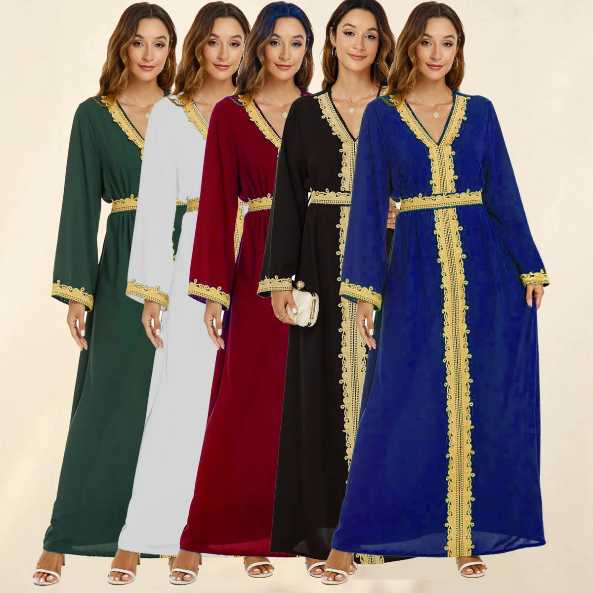 Gold Thread Lace Embroidery V-neck Waist Tied Dress Luxurious Elegant Ethnic Style Dignified Daily Gatherings Long Sleeved Robe