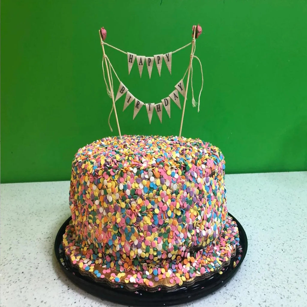 Happy Birthday Cake Bunting Topper Cake Topper Garland, Handmade Pennant Flags with Wood Pole Ivory (With Pink Rose)