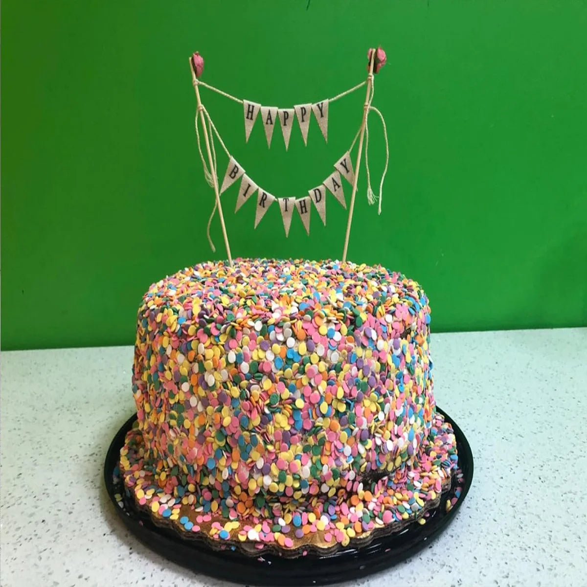 Happy Birthday Cake Bunting Topper Cake Topper Garland, Handmade Pennant Flags with Wood Pole Ivory (With Pink Rose)