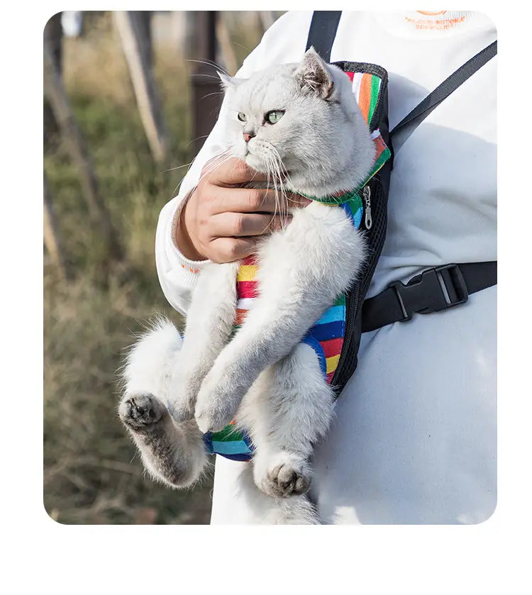 Colorful striped cat carrier with black straps and zipper closure designed as a small dog travel backpack in gray and large sizes.