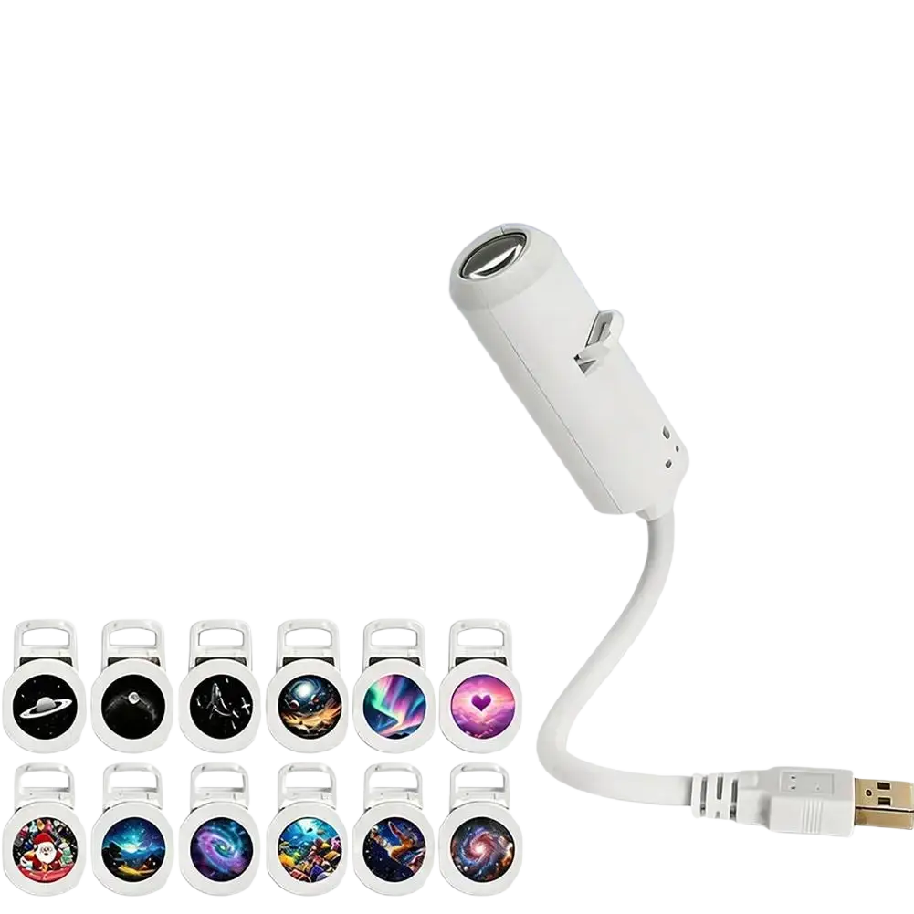 White usb-powered ceiling projector with flexible arm casting starry night sky patterns with interchangeable film discs