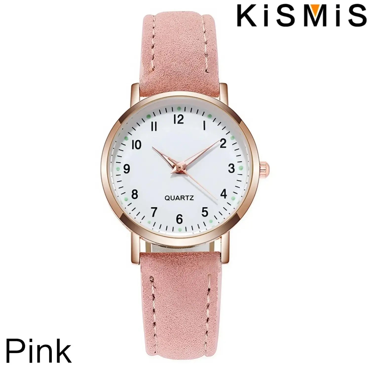 Women quartz watch with pink suede strap, rose gold-tone case, and white dial featuring minimalist black numerals and quartz inscription.