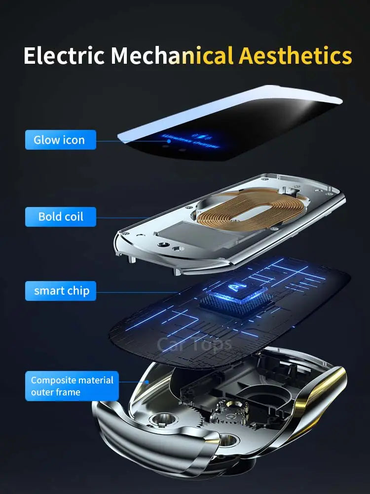 A sleek silver-toned electric mechanical watch with a glowing blue icon display and bold gold coil winding mechanism shown alongside a Kia Forte K3 phone mount for 2019-2021 models.