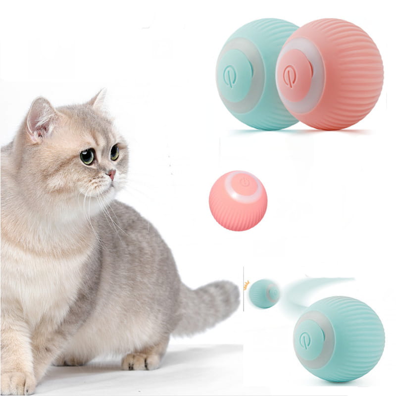 Bolas de juguete para gato automáticas de silicona de colores pastel con textura acanalada y diseño de botón de encendido para el juego interactivo
