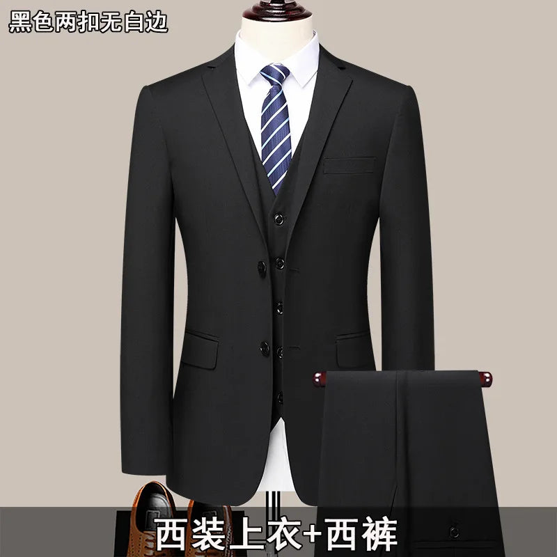 Men 2 Piece Black Suit Set Slim Formal Blazer Straight Trousers Premium Business Outfit for Civil Servant Job Interview Office
