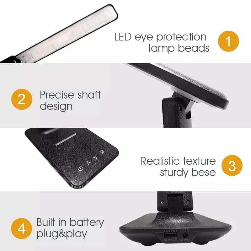 Black led desk lamp with wireless charger and clock features a sleek modern design with adjustable shaft and sturdy base ideal for desk lamps.
