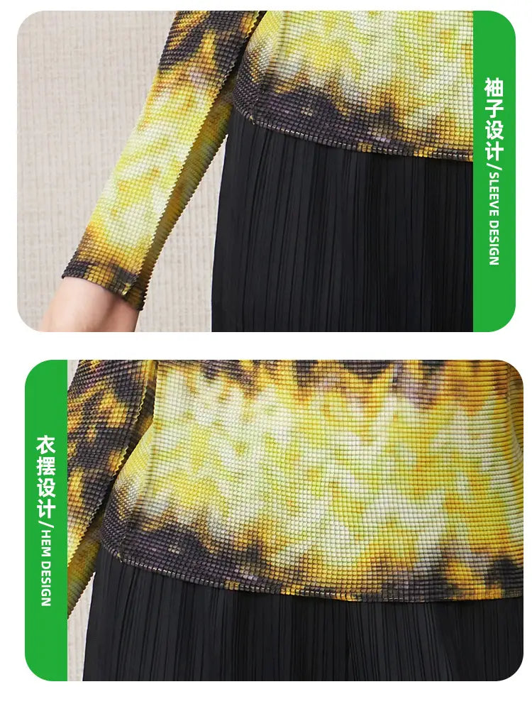 鮮やかなイエローとブラックのタイダイメッシュ素材を用いた、女性用スリムフィットのロングスリーブトップ（フィット感のあるデザイン）。