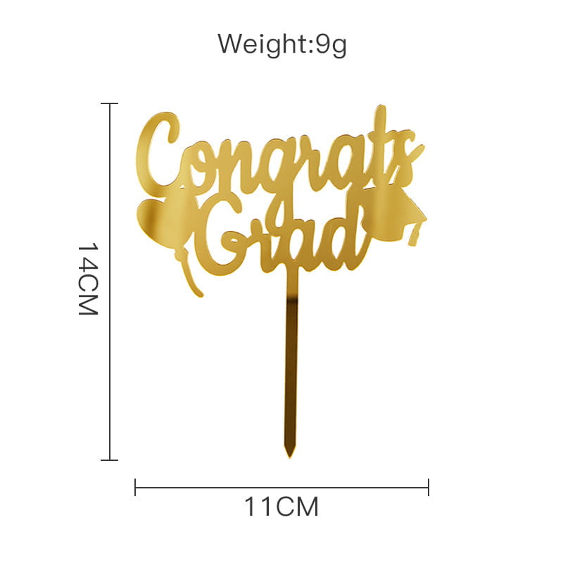 gold acrylic graduation cake topper featuring a gold-colored congrats grad design with a graduation cap made of acrylic for celebratory cakes