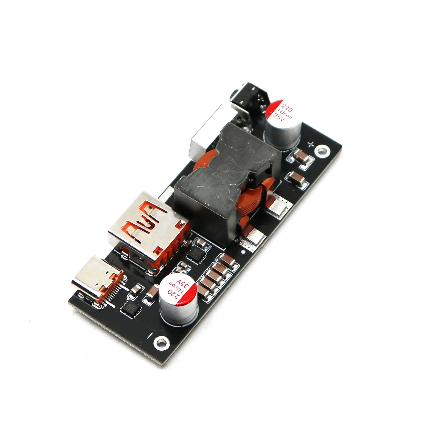 Black printed circuit board of 100w Pd3.1 fast charger power bank module Bms featuring two usb ports capacitors labeled 220 µf 35v and a black transformer.