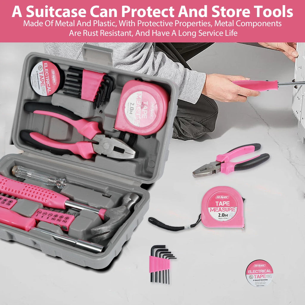 13/24Pcs Household Repair Tool Kit Multi-Purpose Pink Home Hand Tool Set with Storage Case Durable Hammer and Allen Key Set