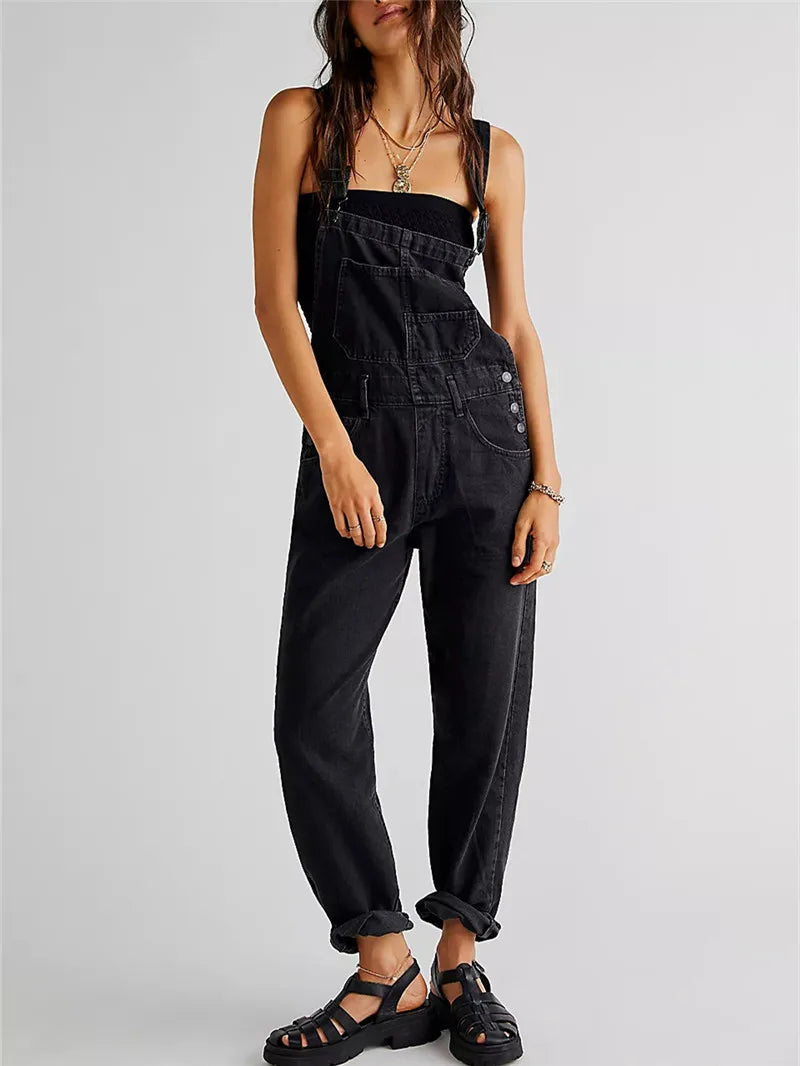 Women Denim Bib Overall Casual Adjustable Strap Denim Jumpsuit Loose Fit Straight Leg Overall Jean Pants Streetwear