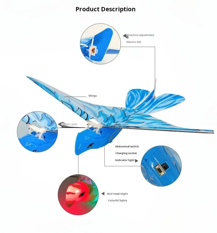 Blue electric remote control flying bird toy with flame-patterned wings and a glowing red head for outdoor remote control use.