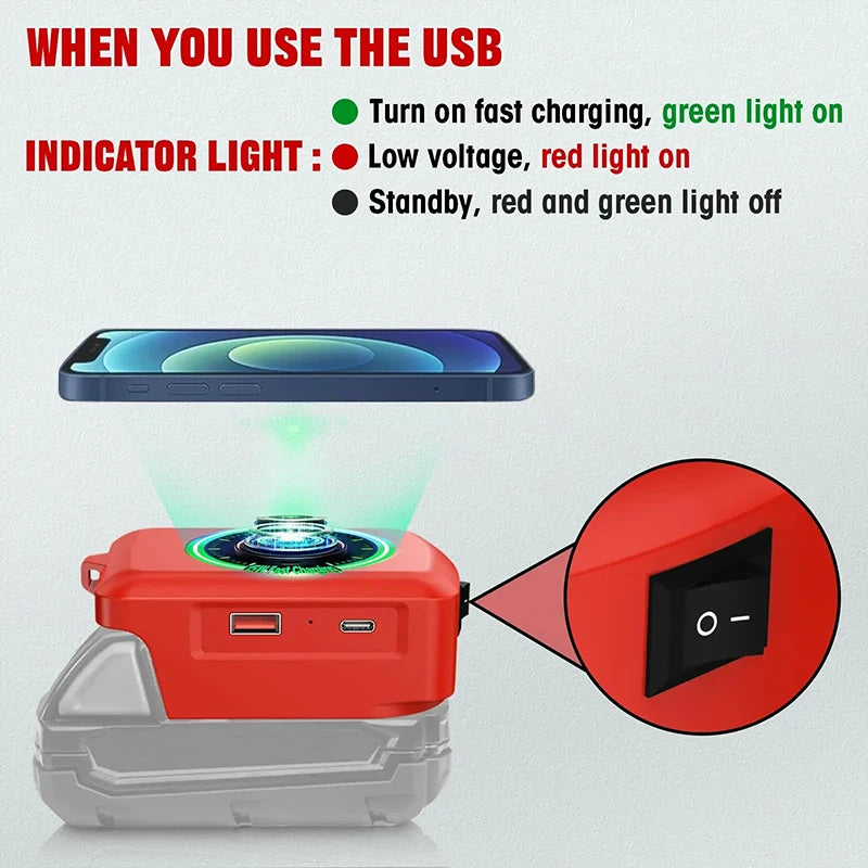 Wireless Charger Adapter 18V Lithium Battery Charging Station with Type-C&USB Port for Makita for Dewalt for Milwaukee for Bosch
