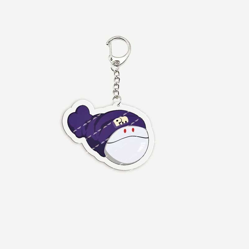 Purple and white anime chibi acrylic keychain featuring a cartoon character wearing a patterned hat in a school uniform.