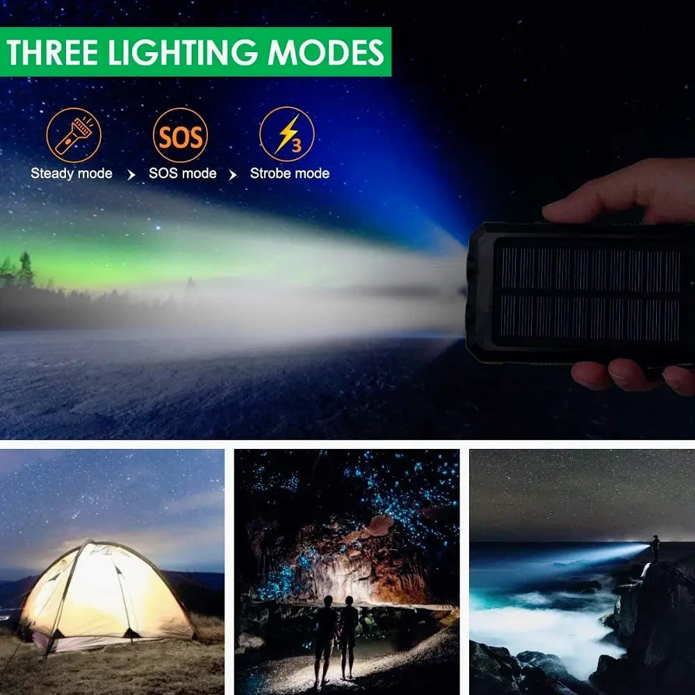Black solar-powered portable flashlight with three lighting modes integrated into a rugged solar power bank 20000mAh portable charger.