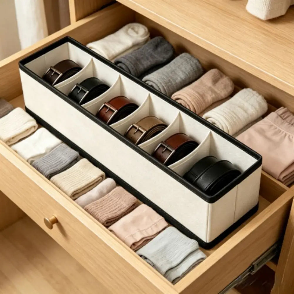 Cream-colored fabric drawer organizer with black trim featuring compartments for neatly storing belts and socks.