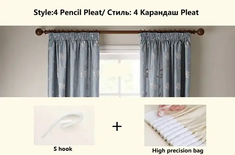 light blue living room curtains with subtle floral pattern and four pencil pleats for blackout drapes para la sala with tassel tieback beads