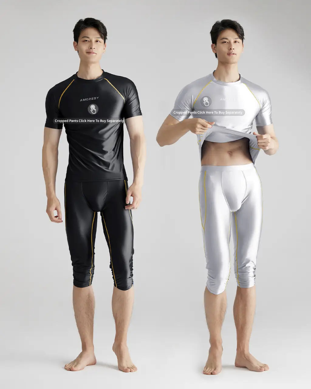 ブラックとシルバーにイエロートリムをあしらったアモレシー・メンズ・シャイニー・コンプレッション・ラッシュガードセットは、スイムおよびアスレチック用途のために設計されています。
