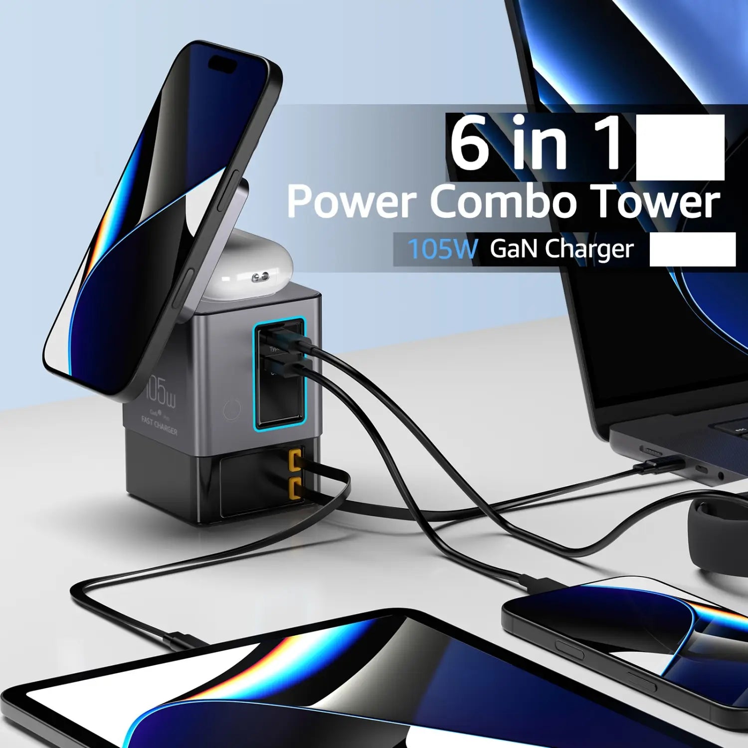 Tour d’alimentation combinée 105 W noir et gris avec câble rétractable 65 W et éclairage d’accentuation bleu pour une utilisation de charge polyvalente